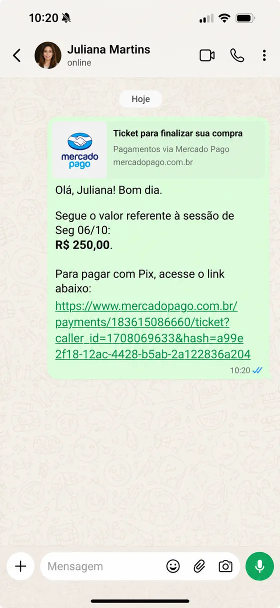 Cobrança por Pix enviada pelo WhatsApp (dados fictícios)