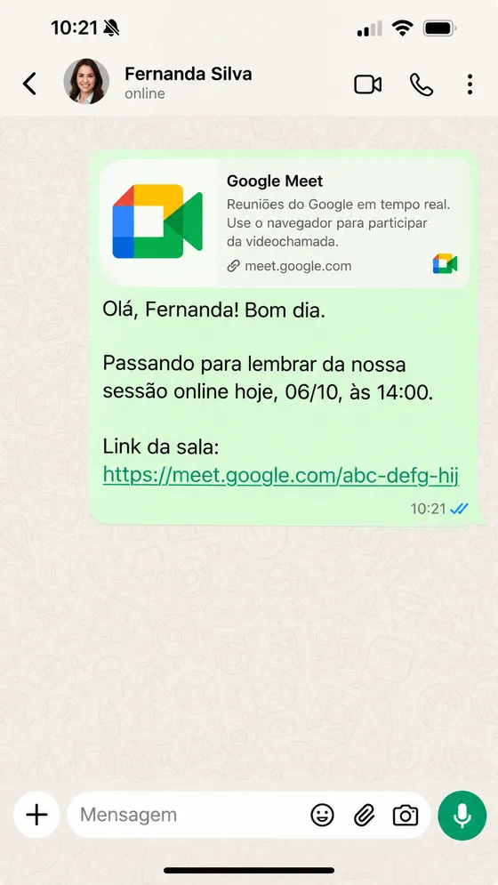 Lembrete de sessão online no WhatsApp (dados fictícios)